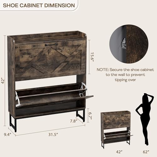 Image of Nicetree Shoe Cabinet with 2 Flip Drawers, Freestanding Shoe Storage Cabinet with Metal Legs, Farmhouse Shoe Organizer for Entryway, Foyer, Hallway