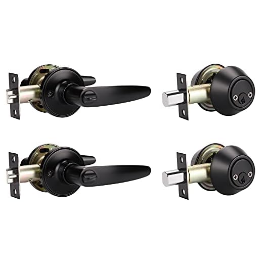 KNOBWELL 2 Pack Matte Black Door Handle Keyed Alike Door Levers Exterior Door Lock Set with Double Keyed Deadbolt, Same Keys, Reversible for Right/Left Handed Doors