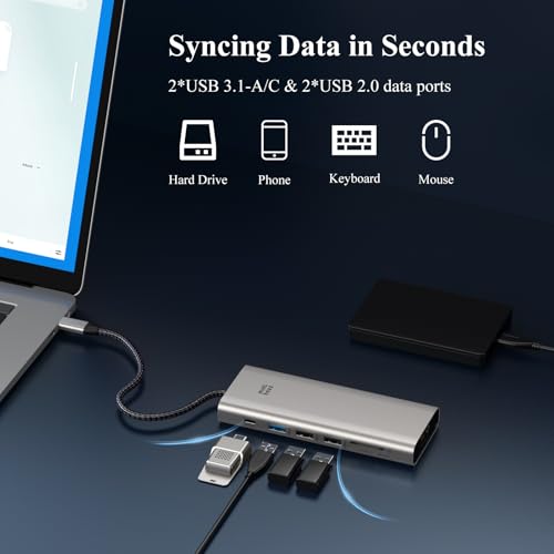 USB C Docking Station Triple Display Monitor for HP Lenovo Dell,Minthouz 12 in 1 USB C Hub with 8K Dual DP,4*USB Port,100W PD,2.5G Ethernet/SD/TF/3.5mm Multiport Adapter (Dual DP+HDMI) - Image 3