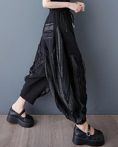 ellazhu Women's Pants Irregular Stripe Contrast Color Patchwork Elastic Wasit Harem Pant with Pocket GZ4923