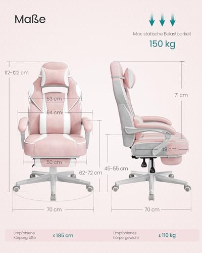 Bild 2 - SONGMICS Gaming-Stuhl, Bürostuhl mit Fußstütze, Schreibtischstuhl mit Kopfstütze und Lendenkissen, höhenverstellbar, ergonomisch, bis 150 kg belastbar, pastellrosa OBG073P01