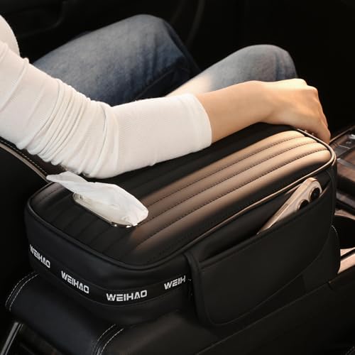 WEIHAO Car Armrest Cushion- Thick Padding 13x7.5x3.15 inch, Car Center Console Cover with Storage Pockets & Tissues Packs Slot, Leather Arm Rest Cover Pad for Cars, SUVs, Most Vehicles (Black-1PC)