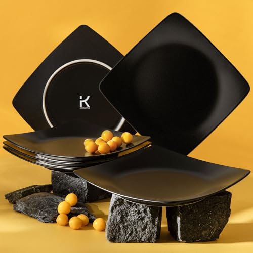 KONSIMO EPIRI Geschirrset 6 Personen, 18-teiliges Tafelservice aus Steinzeug – Modernes Teller Set mit Speisetellern, Frühstückstellern & Schalen Geschirr Set (Schwarz Matt, für 6 Personen)