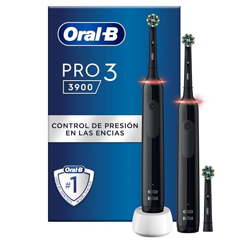 Oral-B Pro 3 3900N Cepillos de Dientes Eléctricos (Pack de 2) con Mango Recargable y 1 Cabezal de Recambio, Diseñado por Braun, Regalos Orginales - Negro