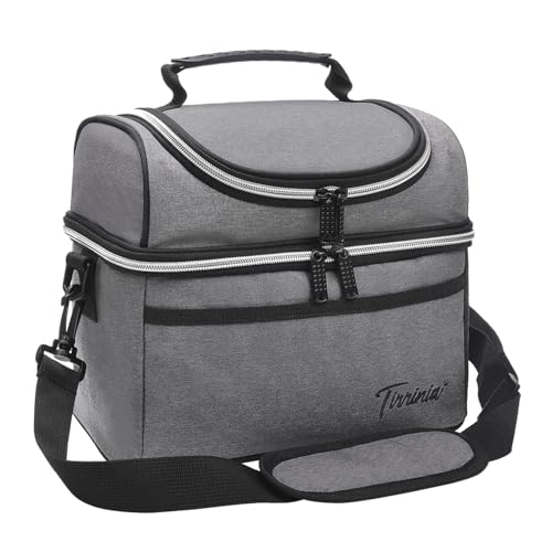 Tirrinia Reusable Lunch Box for Men Women, Insulated Lunch Bag Adult Work, Double Decker Leakproof Lunchbox for Office Picnic Beach—Dual Compartment Lunch Cooler Bag,Grey