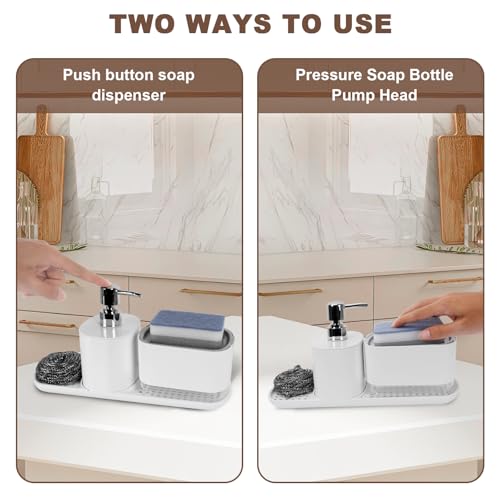 TOTSUN Sink Organiser, Kitchen Dishwashing Liquid Dispenser Set, Soap Dispenser Set, 3 in 1 Soap Dispenser Kitchen Sponge Holder, Sink Organiser for Kitchen Sink White - Image 4