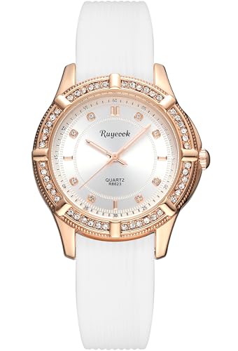 RUYEOOK Ladies Quartz Watch, Crystal Rhinestone Bezel, Silicone Band,White/Black/Pink/Green Band Options Waterproof Nurse Wrist Watch for Women (R8623 White)