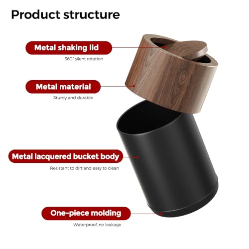 Image of 3.1 GAL Modern Metal Trash Can with Realistic Wood Texture,Built-in Bag Holder,Flip Lid,Small Bathroom Garbage Can for Bathroom,Home,Office,Living Room (3.1gal Swing lid)