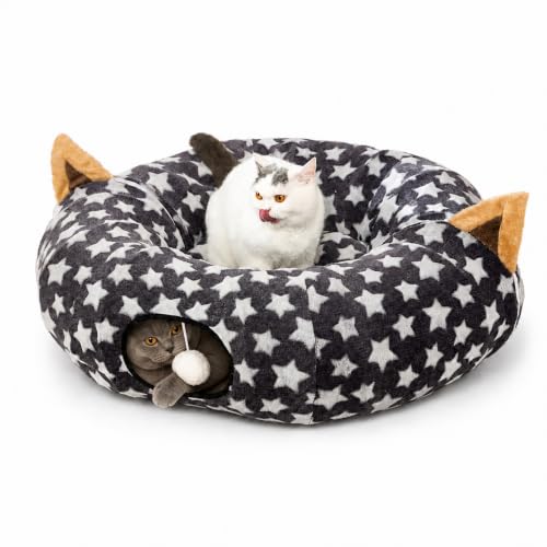 Image of Large Cat Tunnel Bed Under Christmas Tree with Fluffy Toy Balls, Small Cushion and Flexible Design- 10 inch Diameter, 3 ft Length- Great for Cats, and Small Dogs, Gray Star Pattern