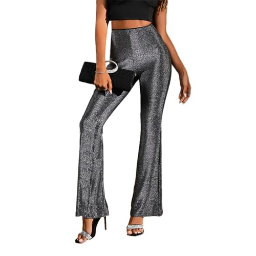 Pantalon évasé pailleté en tissu élastique avec taille haute extensible