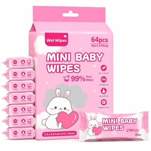 Pocket Wet Wipes 64 Count (8 Packs x 8 Wipes) | 99% Pure Water We...