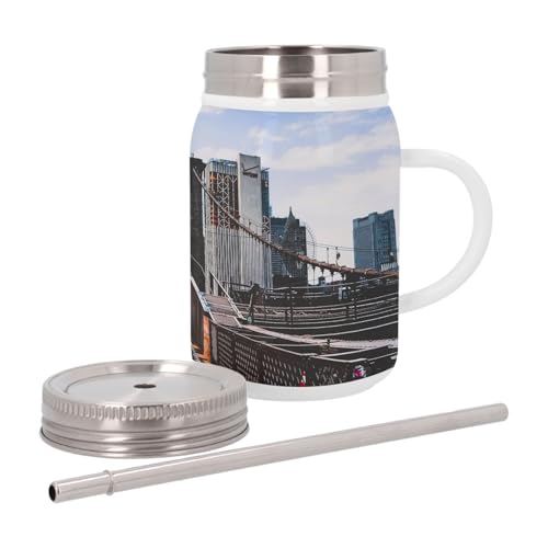 Thermobecher aus Edelstahl mit Deckel und Strohhalm – Brooklyn Bridge Zugang Fußgänger Wolkenkratzer New York USA – 500 ml – Thermobecher