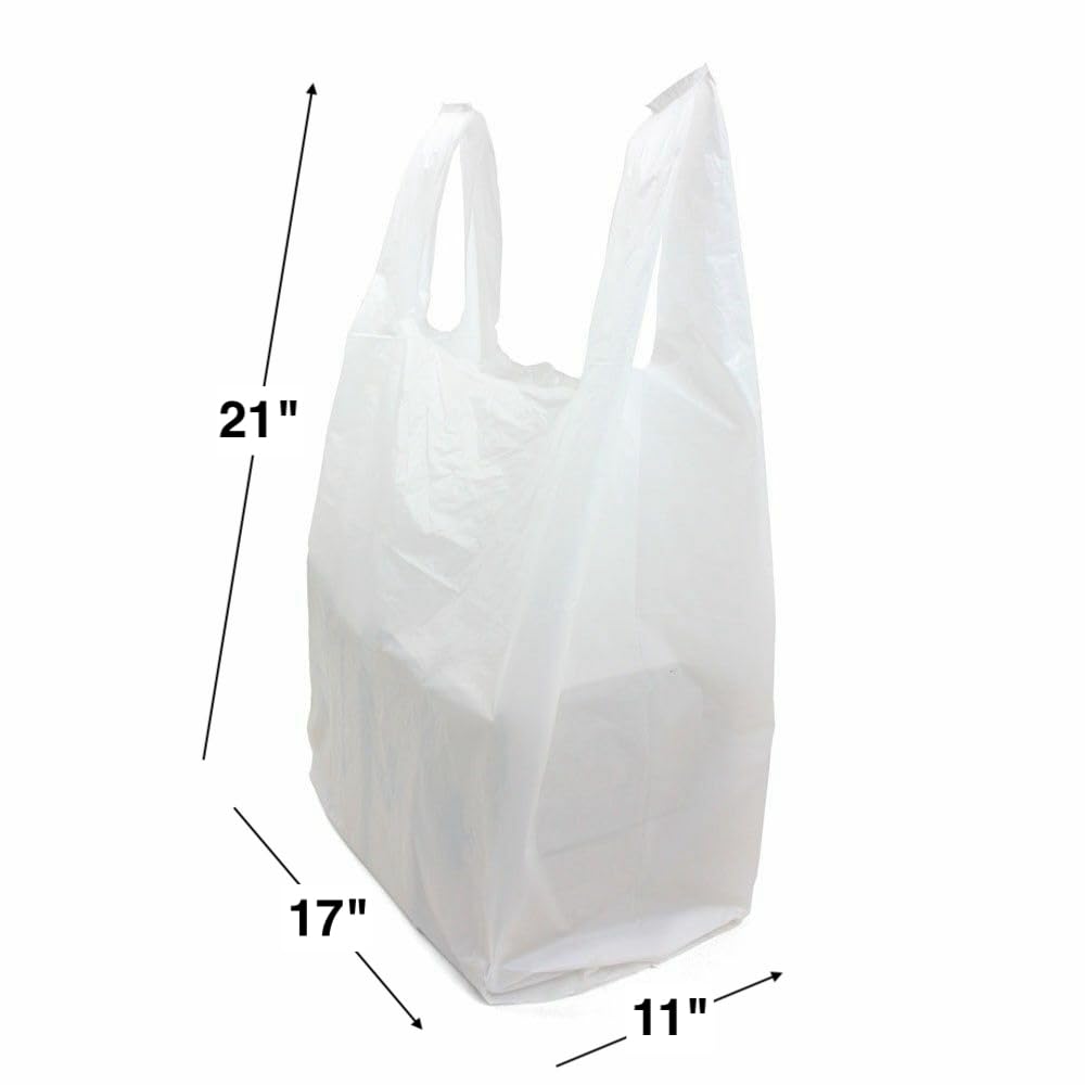 100 White Plastic Carrier Bags – Vest-Style Bags with Handles for Groceries, Boutique Markets & Takeaways 11 x 17 x 21 Inch (Medium)