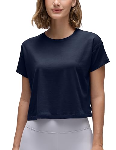 CRZ YOGA Women's Short Sleeve Yoga T-Shirts Loose Fit Sports Fitness Crop Tops Workout Casual Cropped Shirt Navy 10