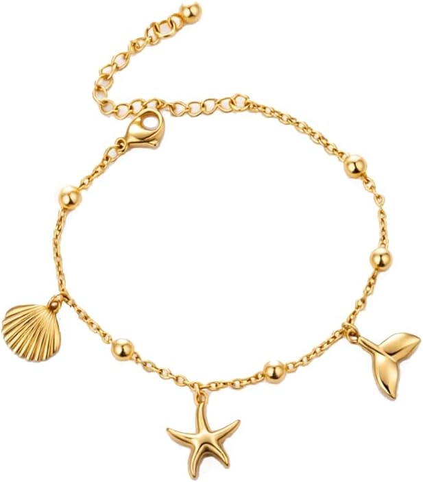 Rnivida 14k Gold Plated Bracelet with Starfish Seashell Fishtail Charm for Women,Stainless Steel Ocean Theme Design Jewelry