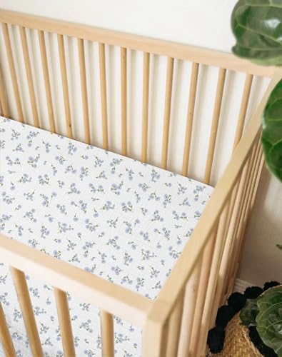 Image of Crib Sheets for Baby Boy Girl 2 Pack, Fitted Crib Mattress Sheet 28 inch x 52 inch, Muslin Toddler Bedding with Neutral Style, Nursery Bedding Essentials (Bluebell Bloom & Light Blue)