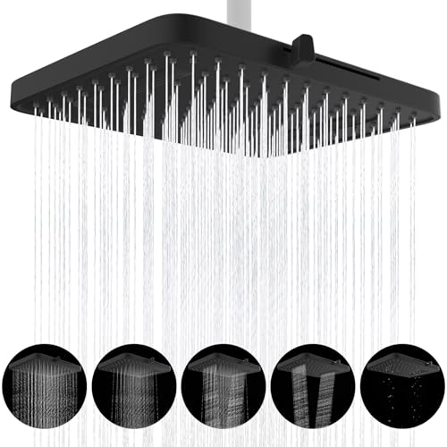 Hibbent Regen-Duschköpfe, 13 Zoll, 5 Sprüher Regenfall-Duschkopf, quadratische Einbau-Duschköpfe, schwenkbarer Strahlwinkel, üppiges Duscherlebnis, einfache Installation,Schwarz