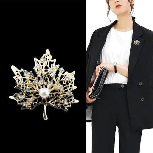 Image of Fashion Maple Leaves Crystal Brooch for Women Men Pearl Gold-Tone Plated Leaf Flower Brooches Rhinestone Lapel Pin Brooch Court Wedding Party Autumn Fall Thanksgiving Accessories Jewelry Gifts Decoration