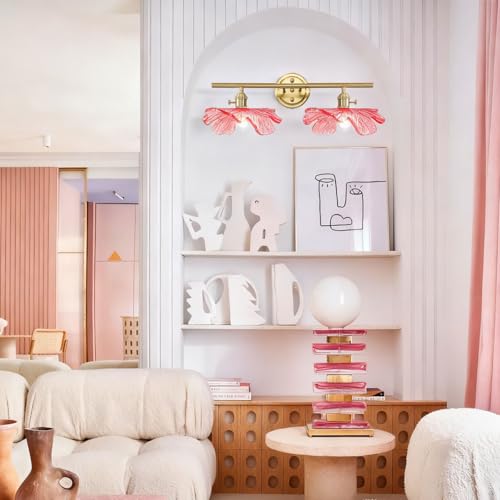 Image of Pink Glass Wall Sconce Light Gold Brass Bathroom Vanity Lights | 2 Light, Bathroom Lights Over Mirror, Vintage, MCM, Grils Room,Bedside,Doorway, E26, Easy to Install, Wall Sconce, Wall Light