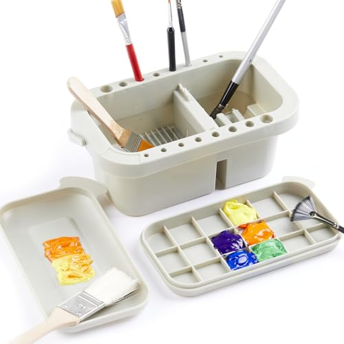 Image of SEVENY Paint Brush Basin with Palette, Grey | Painting Art Supply Storage Organizer, For Acrylic, For Watercolor, For Water-Based Paints