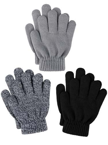Glooarm 3 Pairs Kids Gloves Winter Gloves Thick Cashmere Magic Gloves Knit Stretchy Warm Gloves Boys Girls 4-14 Years