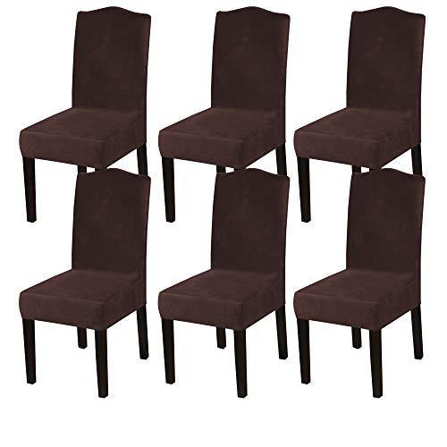 Turquoize Dining Chair Covers Stretch Chair Covers for Dining Room Velvet Chair Protector Covers Washable Parson Chair Covers Set of 6 for Hotel Ceremony, Thick Soft Velvet Fabric (6, Brown)