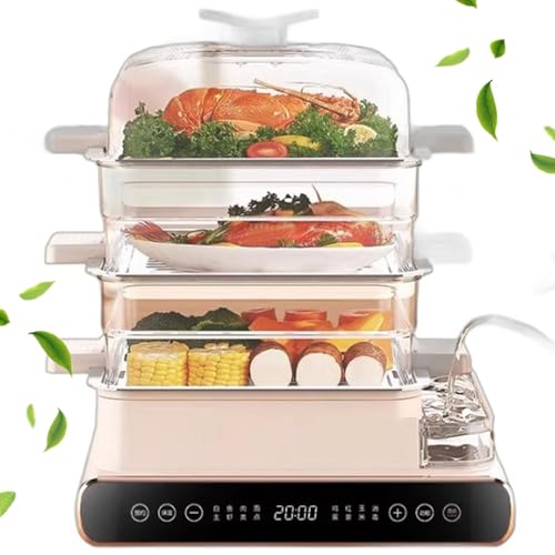 Vaporiera elettrica per alimenti, 3 livelli 24L Riscaldatore per alimenti con 8 menu e livello dell'acqua visivo 3D, pannello touch LED, conservazione automatica del calore 12H, prenotazione