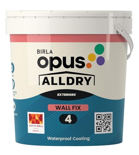 Image of Birla Opus Alldry Wall Fix 4 Waterproof Coating (10L, White)-5 Bar Hydrostatic Pressure Resistance-5 Year Warranty Basecoat-Vertical Outside Walls, Parapet, Sunshades-Acrylic Fibre Reinforced