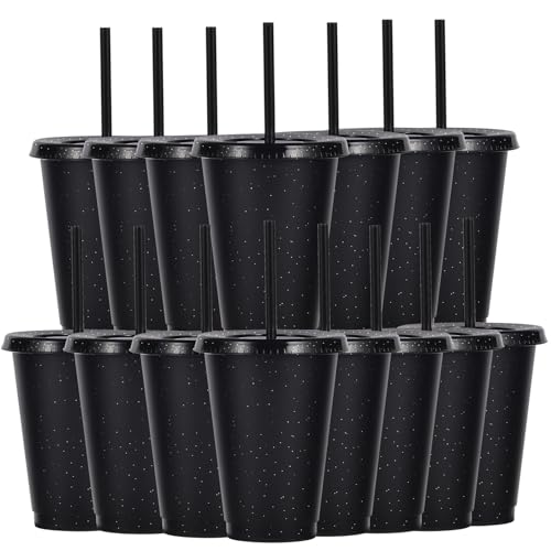Yisituo Lot de 15 gobelets pour enfants, avec couvercles et paille, en plastique, pour les fêtes, le camping, les voyages (15, noir)
