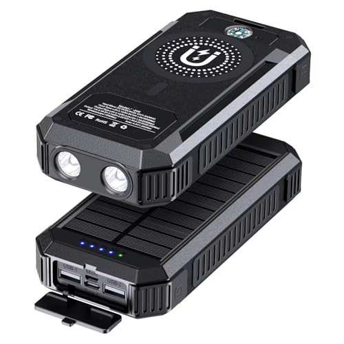 Image of LRSA Solar Power Bank, 40000mAh, Magnetic Wireless Charging, with LED Flashlight and Compass, for Camping (Black)