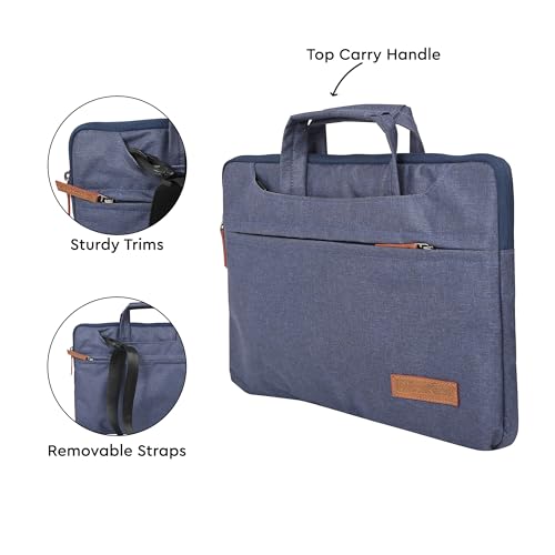Image of Bonkaso 14.1 Inch Laptop Sleeve Cum Messenger Bag for MacBook & Laptops | Premium Polyester Melange | Water-Resistant Padded Case with Handle & Sling Strap | Lightweight Office Travel Bag - Dark Blue