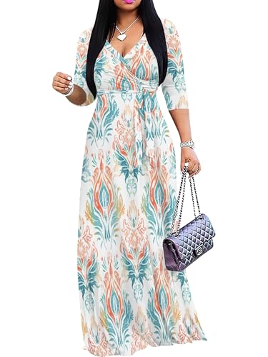 Image of PinkPatty Plus Size Maxi Dress for Women Casual V Neck 3 /4 Sleeve Boho Printed Long Dress with Pockets