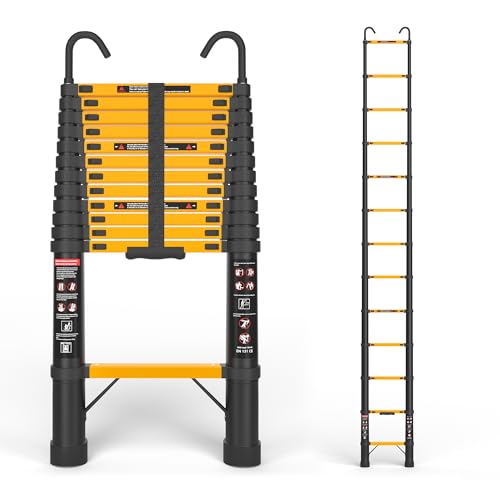 SINMEIRUN 12.5 FT Telescoping Ladder with Hooks, ANSI Certified, Type IA Heavy Duty, 330lbs Max Capacity, Aluminum Extension Ladder for Home, Roof, RV; Yellow