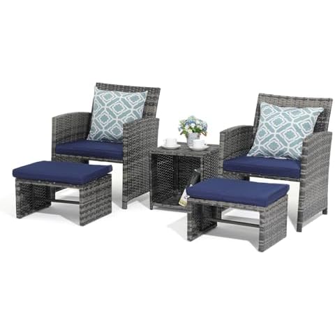 OC Orange-Casual 5 Piece Patio Furniture Set, Wicker Outdoor Conversation Chair and Ottoman Set with Coffee Table, Pillows Included, for Balcony, Porch, Deck, Navy Blue Cover