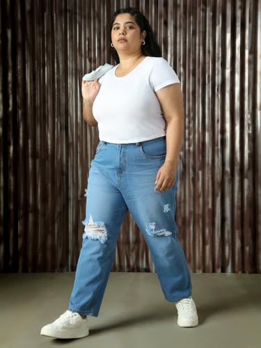 Image of High Star Plus Size Women Cotton Washed Mom Fit High-Rise Jeans