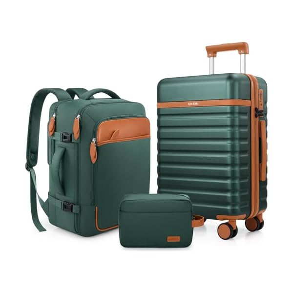 UKEIN Luggage Sets 3 Piece, Carry On Luggage 20In With Spinner Wheels,PC Hardside Suitcase Set with TSA Lock,Durable Carry On Suitcase With Travel Backpack for Men (Green, 3 piece set (20inch))