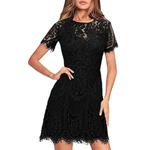 MSLG-Womens-Elegant-Round-Neck-V-Back-Wedding-Guest-Floral-Lace-Cocktail-Party-A-Line-Dress-910 Summer Lace Dresses for Women Casual Party Chic Flattering Short Sleeve Round Neck Wedding Guest A Line Cocktail Dress 910 Black L