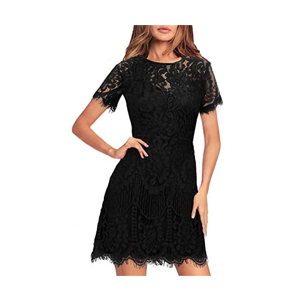 Summer Lace Dresses for Women Casual Party Chic Flattering Short Sleeve Round Neck Wedding Guest A Line Cocktail Dress 910 Black L