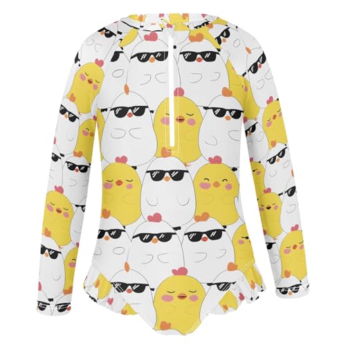ALAZA Yellow Sunglasses Chicken Girls One Piece Swimsuit Long Sleeve Rash Guard Swimsuits UV 50+ Swimwear Zipper2