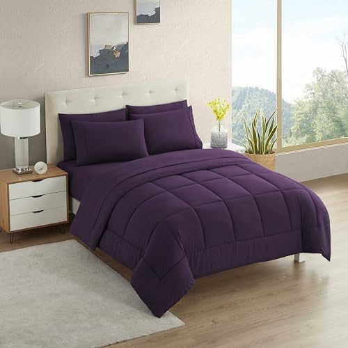 California King Comforter Set - Soft & Breathable 7-Piece Bedding Collection - 1 Comforter, 1 Fitted Sheet, 1 Flat, 4 Pillowcases - Deep Pocket - Premium Quality - Ideal for All Seasons, Purple