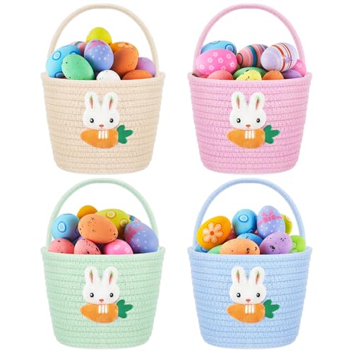 Image of Domensi 4 Pcs Empty Easter Basket for Eggs Hunt Small Bunny Basket with Handle Soft Cotton Rope Woven Gifts for Candy Easter Days Decoration Party Holidays (Pink,Blue,Green,Beige)