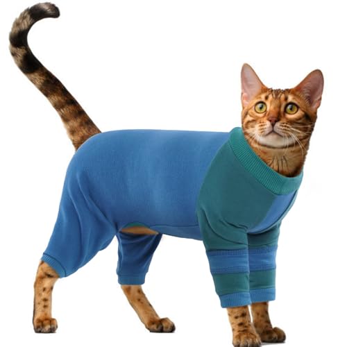 Cat Recovery Suit & Hair Collection Bodysuit - Soft Anti-Licking Surgery Suit Cone Alternative, Reusable Lint Roller Pajamas to Reduce Shedding, Blue, XS