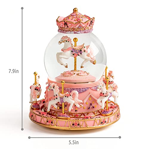 DANVON Gift Wrapped Carousel Horse Unicorn Toy Music Box Snow Globe Color Changing LED Lights for Women Kids Baby Girls Mom Daughter Granddaughter Christmas Birthday & Valentines Day Gift (Pink)