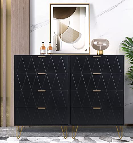 Anbuy Dual 4 Drawer Dresser, Double Drawer Chest, Two Tall Storage Dresser Cabinet Organizer Unit with Metal Legs for Bedroom, Living Room, Closet (Black Set of 2)