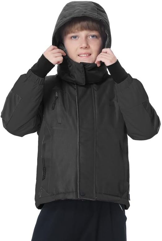 Boy's Waterproof Ski Jacket Warm Fleece Winter Snow Coat Windproof Snowboarding Jacket with Detachable Hood