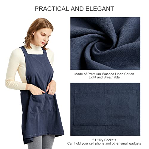 Elezay Aprons For Women With Pockets Plus Size Comfort Cross Back No Tie Cotton Linen Apron Pinafore For Cooking Painting Floral Arrangement Gardening Cleaning Small, Navy #TOP3