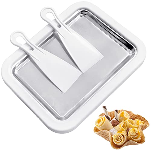 Instant Ice Cream Roll Maker, Uooker Aluminium Alloy DIY Roller Pan with 2 Scrapers, Kids Make Easy Rolls Cold Sweet Fried Food Plate for Homemade Rolled Frozen Yogurt Gelato, White