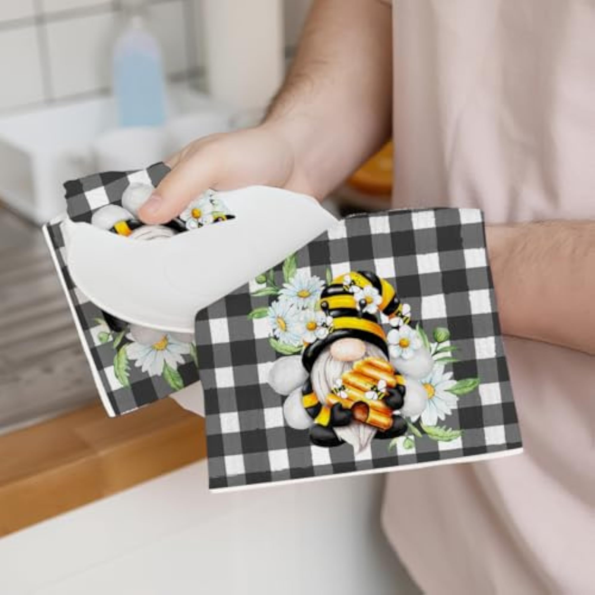 2Pcs Cute Gnome Bee Kitchen Towels, Rustic Floral Gift Set