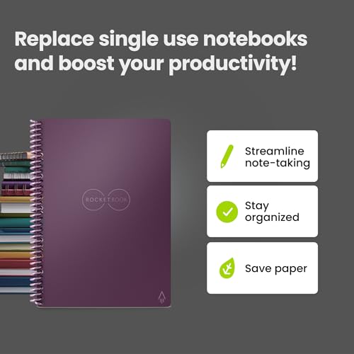 Image of Rocketbook Core Reusable Spiral Notebook, Executive Size 6x8.8, Plum - Dotted Pages, App-Connected, Erasable, Durable Cover, Ideal for School, Work, and Creative Projects