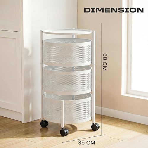 Image of Metal Multi-Purpose Trolley Kitchen Storage Organizer Rack Stand with 360 Wheels | 3 Layer Round Design | Kitchen Accessories Items for Fruit Vegetable Onion Rack for Kitchen (White)